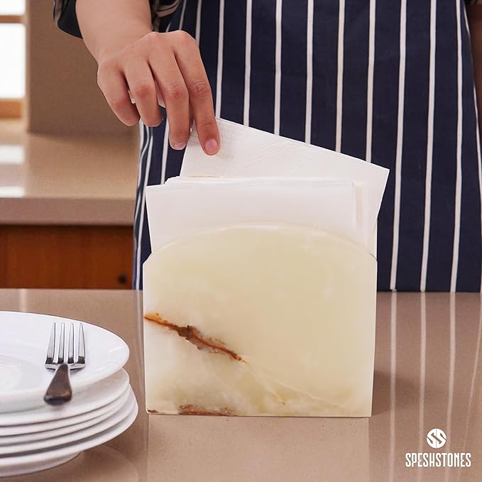 Marble Napkin Holder 6.5 Inch Handmade White onyx Stone Organizer for Tissue Paper & Cocktail Napkins, Coffee Bar Table, Bathroom, Gifts, Kitchen Countertop & Home Decor
