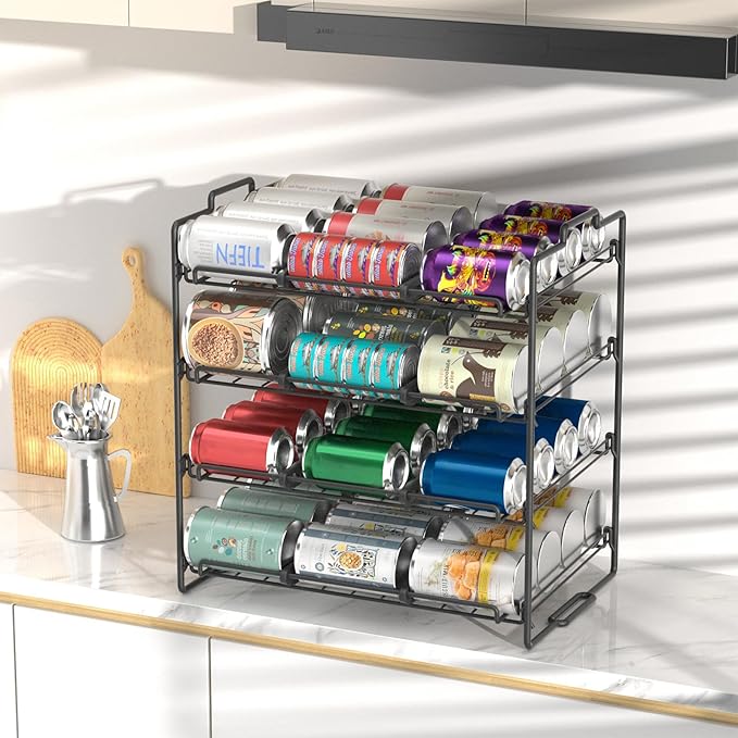 4 Tiers Stackable Can Rack Organizer, Wear-resistant Upgrade Beverage Food Can Dispenser Holder Holds up to 48 Cans for Kitchen Cabinet and Pantry (Black)
