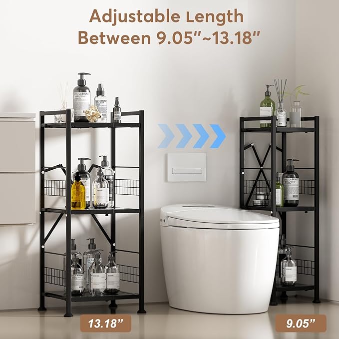 Himix 3-Tier Bathroom Shelves Expandable Narrow Shelf Metal Shelving Unit Storage Rack Open Floor Corner Shelf for Bathroom, Kitchen, Laundry, Office, Bedroom Organization (Black)