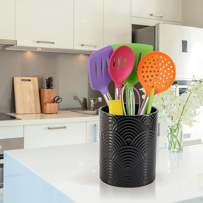 Ceramic Utensils Holder，Extra Large Stable Ceramic Cooking Tool Organizer Set for Kitchen，For Countertop ,Black