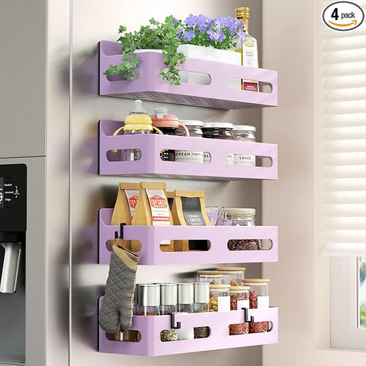 4 Pack Strong Magnetic Spice Rack for Refrigerator, Multipurpose Magnetic Shelf for Fridge with 4 Hooks for kitchen and Bathroom Organization, Pink