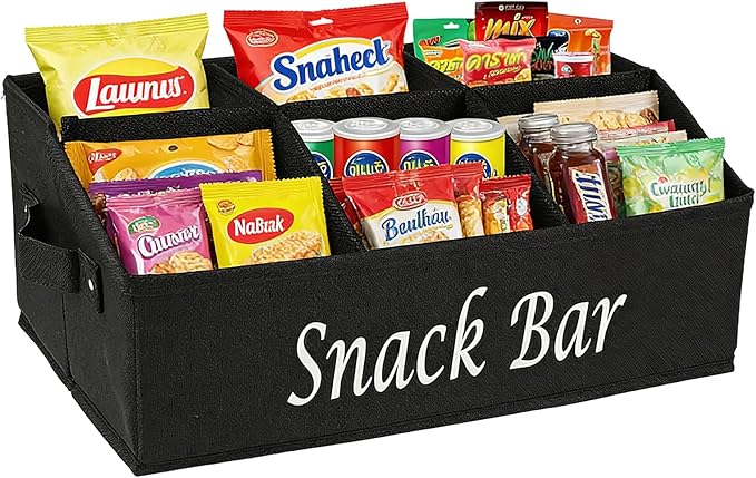 Snack Organizer for Countertop, Large Snack Bar Station with Handles, 6 Compartment Snack Bar Organizer for Pantry, Cabinet, Kitchen, Candy, Chips