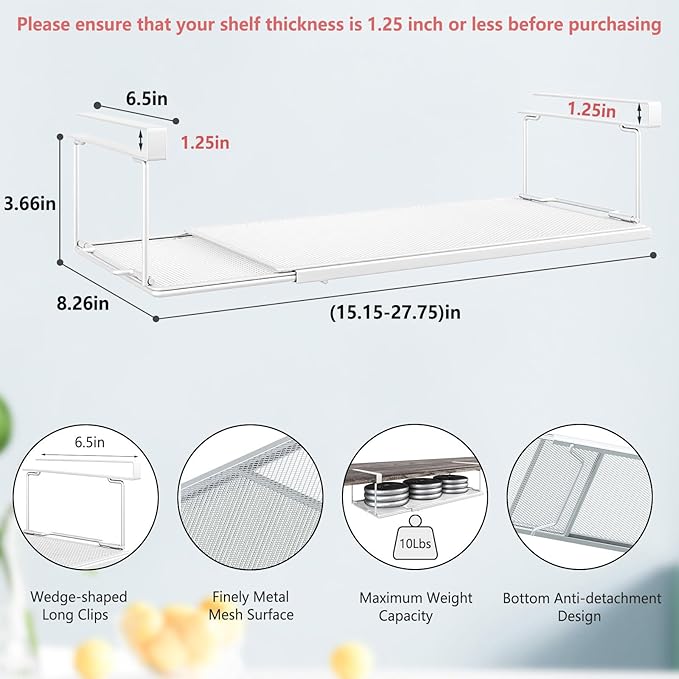 Expandable Under Cabinet Shelf, Extendable Under Shelf Storage with 1.25 Inches Thick Clips for Pantry Cabinet, Laundry Room, Shoe Rack.(White, 2 Pack, Interior: 3.66" H x 8.26" D)