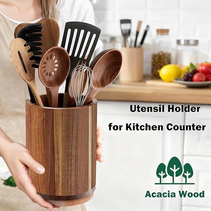 Acacia Wood Utensil Holder - 360° Rotating Countertop Organizer with Non-Slip Base, Large Capacity Kitchen Utensil Crock for Spatula, Spoon & Cooking Tools