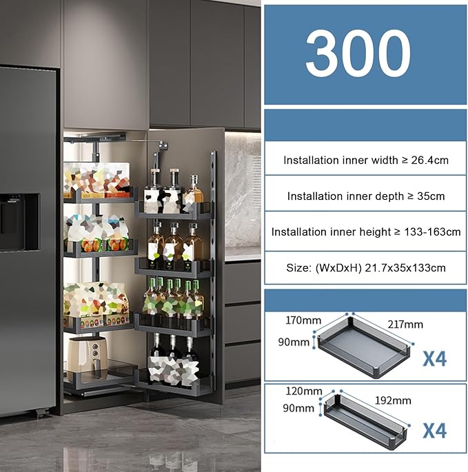 WIGING 4-Tier Narrow Cabinet Pull-Out Basket, High Cabinet Pull-Out Storage Rack with Adjustable Dividers for Kitchen Bathroom Pantry, Single-Layer Load Capacity: 15kg(21.7x35x133cm)
