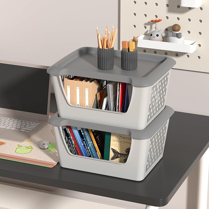 5 Pack Plastic Stacking Baskets with Wheels, Large Open Front Storage Basket, Grey