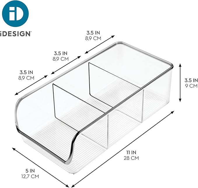 iDesign Stackable 3-Section Divided Storage Bin for Pantry, Fridge, or Cabinet - Set of 2 - Clear