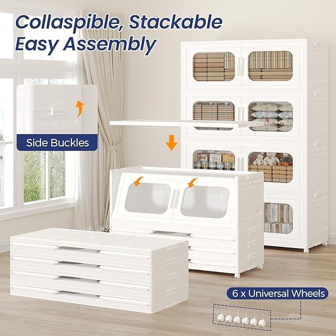 250Gal Exra Large Stackable Storage Bins with Lid, 1000QT Collapsible Storage Box with 6x Wheels, Folding Plastic Cabinet Container with Door Drawer for Home Kitchen Office Dorm, 5Pack White