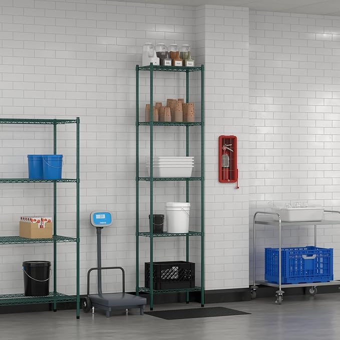 Commercial NSF Listed Green Epoxy Stationary Wire Shelving Kit 14" x 24" x 96", with 5 Shelves Perfect for Warehouse, Walk-in Refrigerator, Freezer, Grocery Store, Restaurant, Dishroom