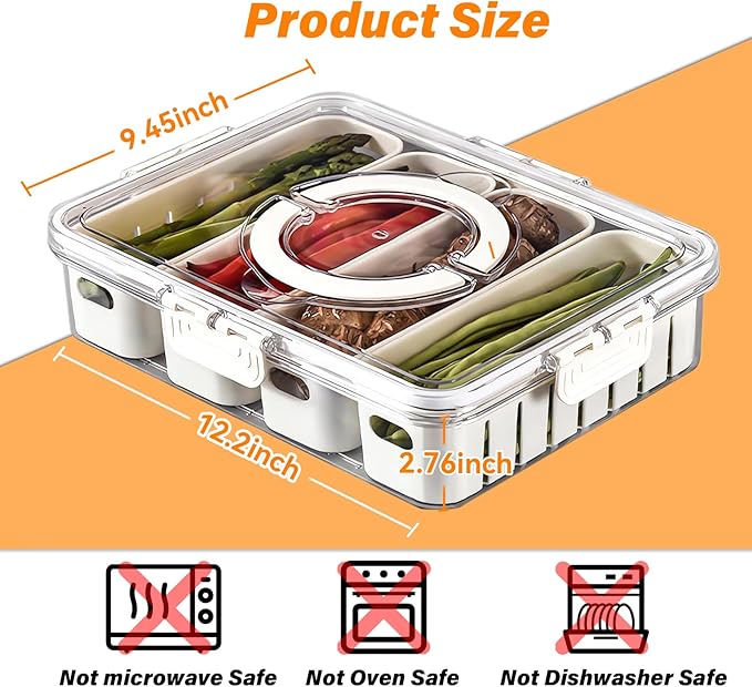 YFUIF 2 Pcs Portable Picnic Parties Fruit Tray, Fridge Food Veggie Condiment Divided Serving Preservation Storage Containers, Kitchen Clear Snackle Box Candy Organizer with Lid Handle