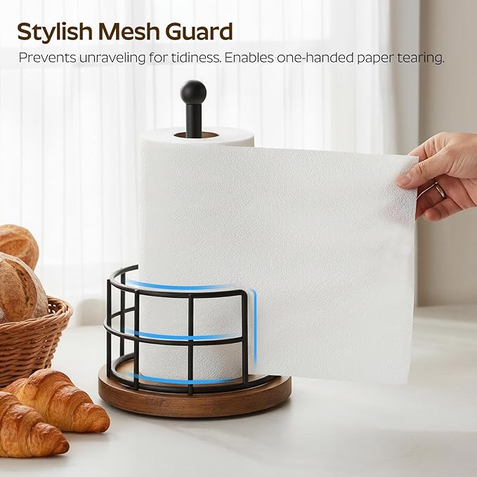 Paper Towel Holder, Kitchen Paper Towel Holder for Countertop, Paper Towel Stand with Wooden Base, Freestanding Kitchen Roll Holder, for Standard Size Rolls, Rustic Brown CJ05BR