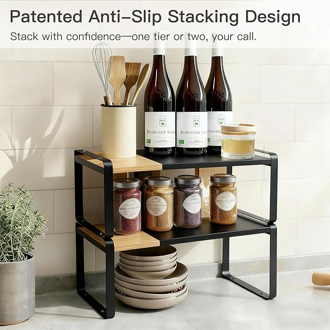 Countertop Spice Rack & Cabinet Shelf Organizer, Metal Desk Shelf Riser for Office, Industrial Black Desktop Stand for Computer Monitor, Printer & Keyboard Storage (Black)