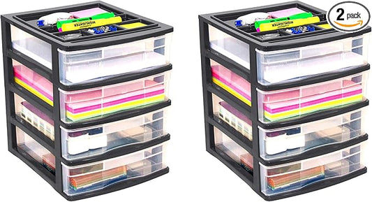 Gracious Living 4 Drawer Desktop & Countertop Organizer w/Organization Lid for Craft Storage, Office Supplies & School Supplies, Black/Clear (2 Pack)