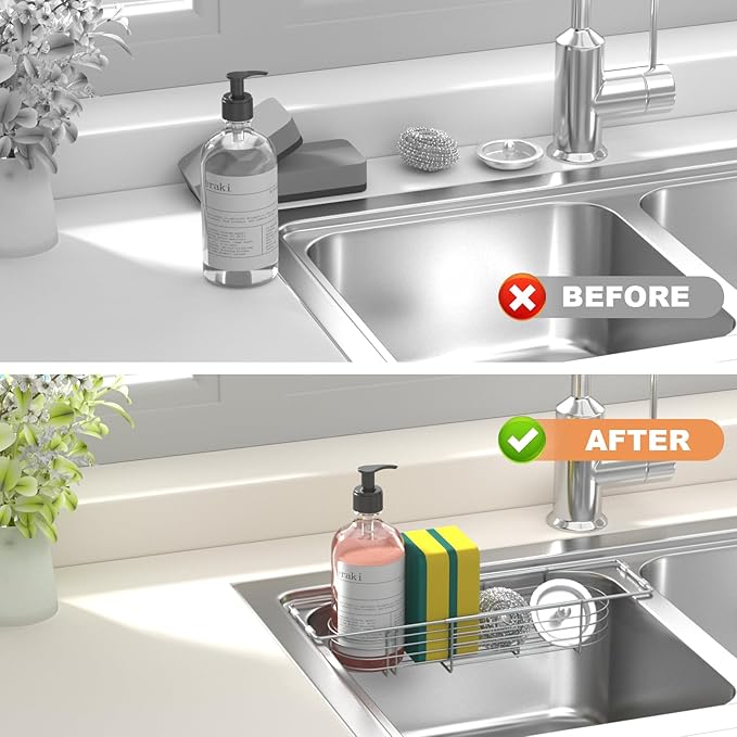 Sink Caddy Sponge Holder Kitchen Sink Organizer, Telescopic sink organizer rack for kitchen Expandable 13.4" to 17.1", Stainless Steel