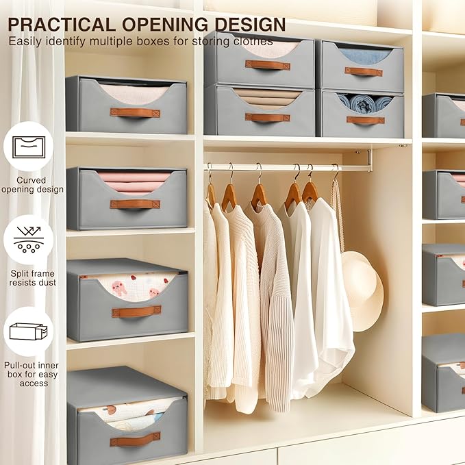 Closet Organizers and Storage - Large Stackable Storage Bins with Drawer, Fabric Bins for Organization, Collapsible Drawer Organizer Clothes for Bedroom, Living Room, 2 Pack, Grey