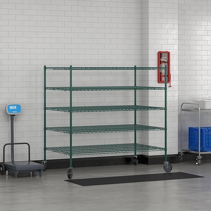 Commercial NSF Listed Green Epoxy Mobile Wire Shelving Kit 36" x 60" x 60", with 5 Shelves Perfect for Warehouse, Walk-in Refrigerator, Freezer, Grocery Store, Restaurant, Dishroom