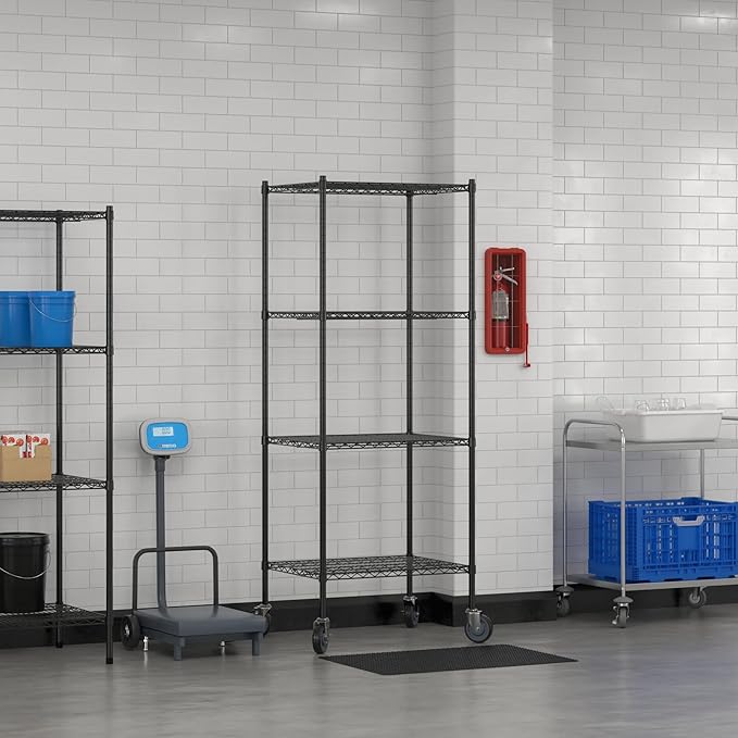 Commercial NSF Listed Black Epoxy Mobile Wire Shelving Kit 24" x 30" x 80", with 4 Shelves Perfect for Warehouse, Walk-in Refrigerator, Freezer, Grocery Store, Restaurant, Dishroom