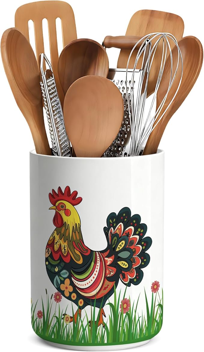 Ceramic Utensil Holder for Kitchen Counter,Rooster Chicken Kitchen Decor Large Cooking Utensil Crocks,for Farmhouse,Decorations Indoor Rustic Farmhouse 6.3"+4.7"(Chicken decorations)