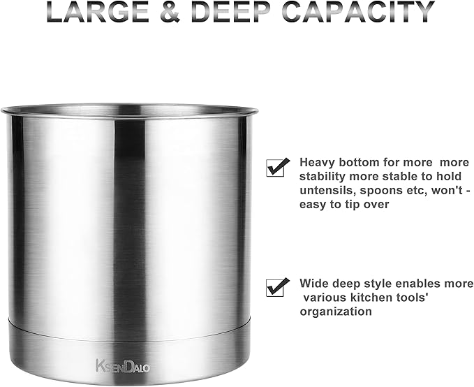 KSENDALO Stainless Steel Utensil Holder 7x7inch Large Utensil Holder for Countertop, Round Utensil Caddy for Spoons, Silverware, and Spatulas for Kitchen, Silver