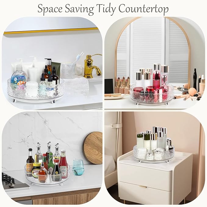 360° Rotating Makeup Organizer, 11'' Lazy Susan Perfume Organizer Tray, Spinning Skincare Cosmetics Storage Organizer for Vanity, Dresser and Bathroom Countertop (Clear)