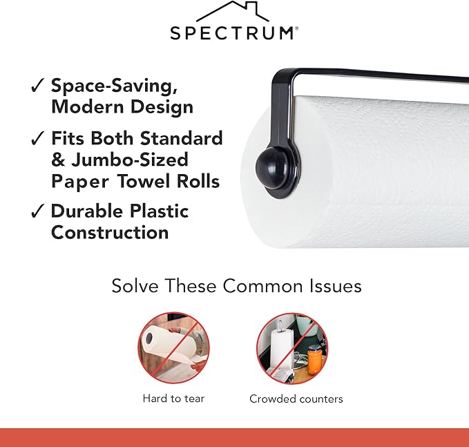 Spectrum Paper Towel Holder for Under Cabinet Easy Install Wall Mounted Plastic Hanging Paper Roll Rack for Kitchen Bathroom Storage, Durable Mount Towel Dispenser for Standard & Jumbo Rolls, Black