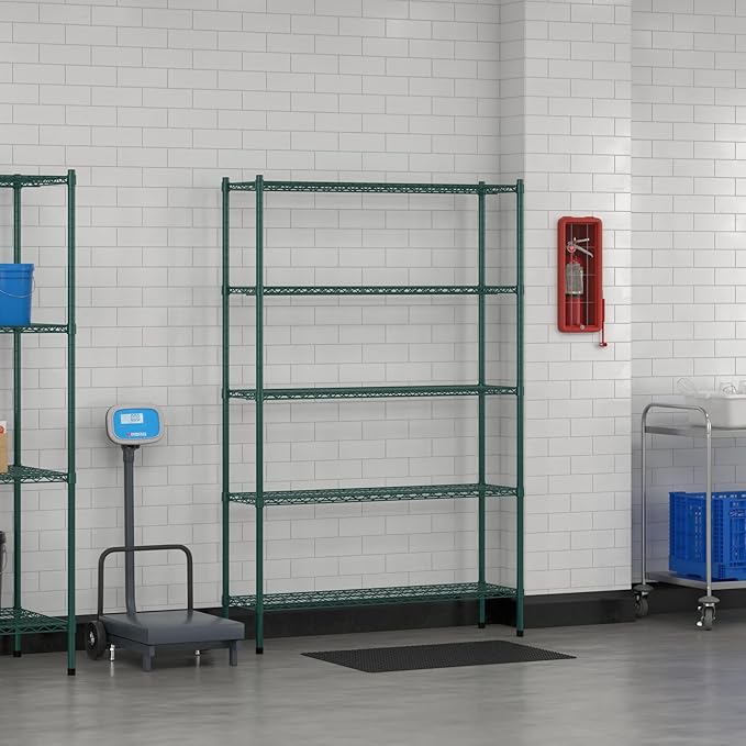 Commercial NSF Listed Green Epoxy Stationary Wire Shelving Kit 14" x 48" x 74", with 5 Shelves Perfect for Warehouse, Walk-in Refrigerator, Freezer, Grocery Store, Restaurant, Dishroom