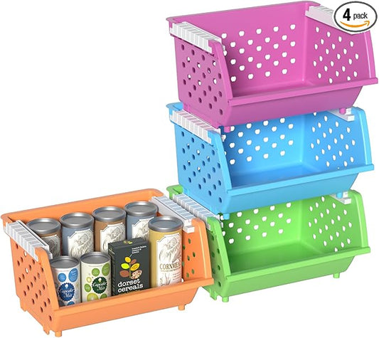 4-Pack Colorful Plastic Stackable Storage Basket, Stacking Organizer Baskets