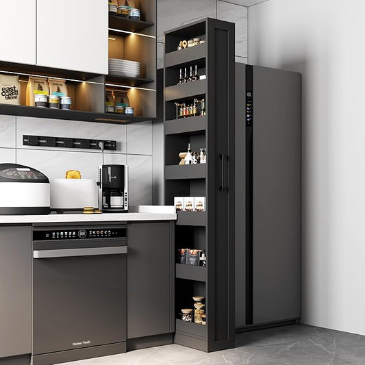 7 Tier Pull-Out Storage Cabinet with Handle & Wheels, Tall Narrow Spice Rack Next to Fridge, Wood Food Pantry for Kitchen, Dining Room, Black