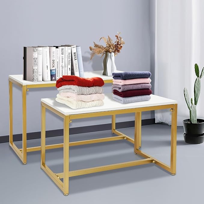 Gold 2-Piece Set Retail Display Tables, 31+40IN Width Modern Nesting Display Tables - Metal Display Riser Shelf for Shoes, Handbags, Home, Clothing Shops & Retail Stores -110lbs Load Capacity