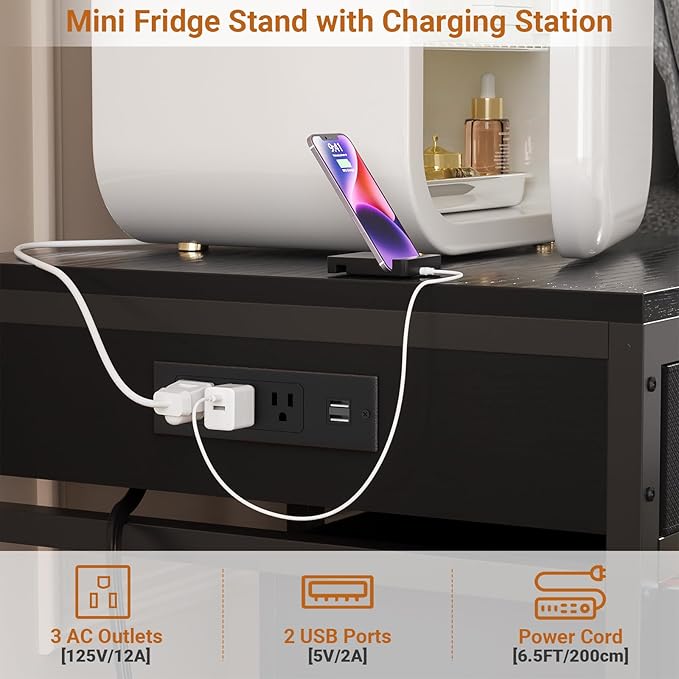 Unikito Mini Fridge Stand with Drawer Storage and Power Outlet, Heavy Duty Mobile Mini Fridge Shelf with Lockable Wheels, Beverage Refrigerator Table Stand, 22.8" L x 21.6" W, Max Load 300 LBS, Black