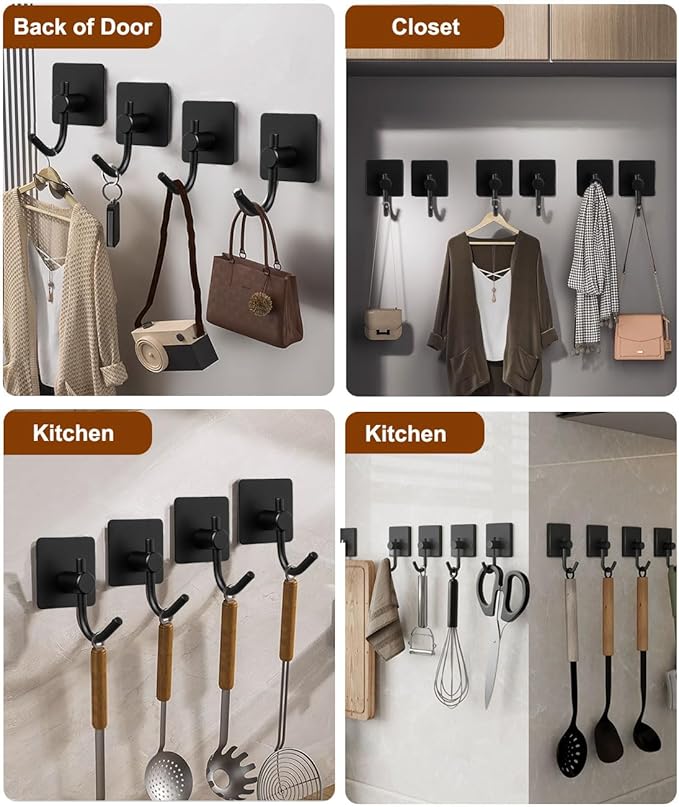 EDMILE Sticky Hooks for Hanging, 6-Pack Adhesive Wall Hooks No Drilling Stainless Steel Towel Hook for Walls No Damage, Self Adhesive Hook for Bathroom Kitchen Office, Black