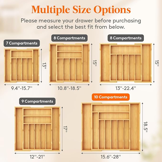 Lifewit Silverware Drawer Organizer, Expandable Utensil Tray for Kitchen, Bamboo Flatware and Cutlery Holder, Wood Adjustable Storage for Spoons Forks Knives, 17- 28 x 18.5", Natural