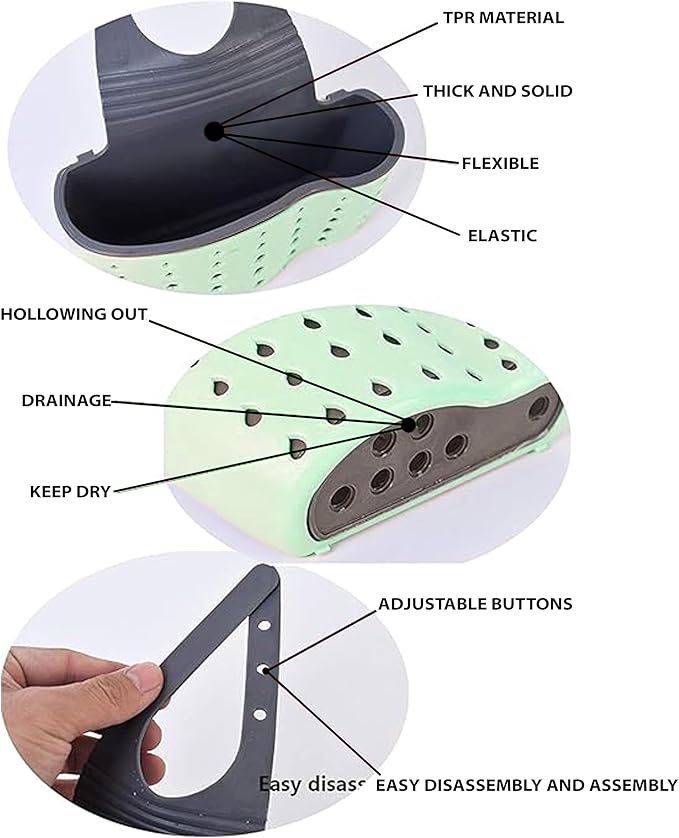 Kitchen Sink Caddy - Silicone Plastic Soap Sponge Holder - BPA-free Rack - Faucet Caddy with Drain Holes for Drying - Adjustable Hanging Strap (Light Green)