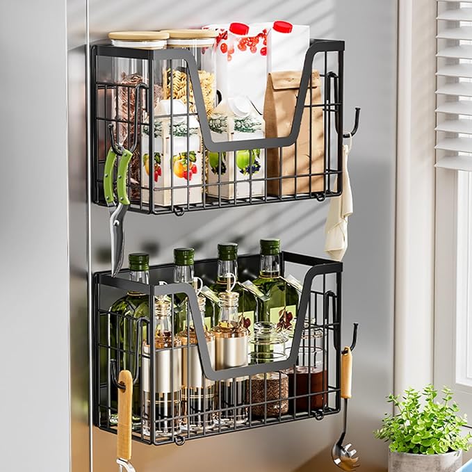 TOPINCN Magnetic Shelf for Fridge, 2 Set Fruit Potato Onion Storage Bins with Dual Reinforced Magnets 30lb Weight Limit, for Refrigerator Kitchen Counter Cabinet Organizer (Black)