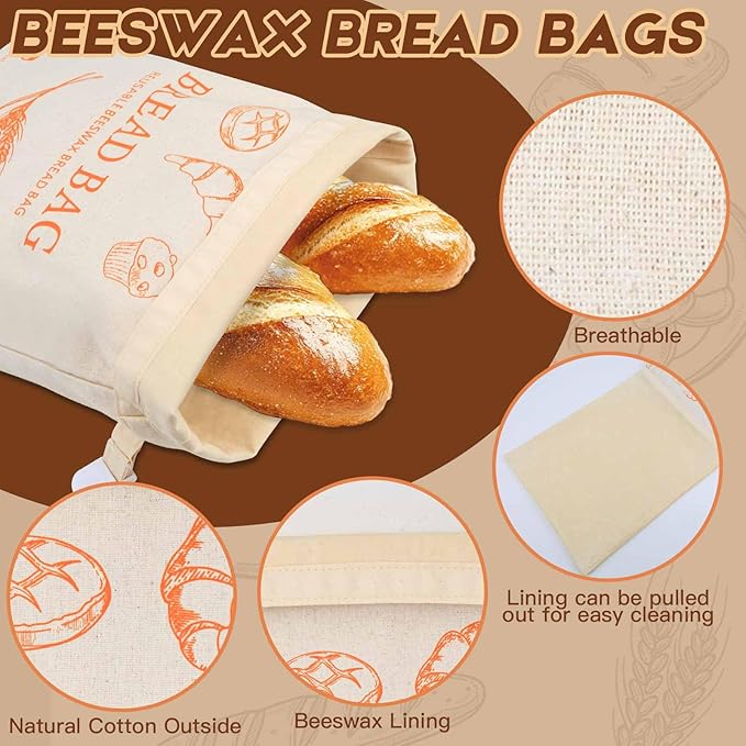 HOYEEFOU 2-Pack Reusable Beeswax Bread Bags for Homemade Bread & Sourdough,100% Linen Waxed Bags Keeps Fresh Longer,XL Eco-Friendly Fresh Food Storage,Freezer Safe