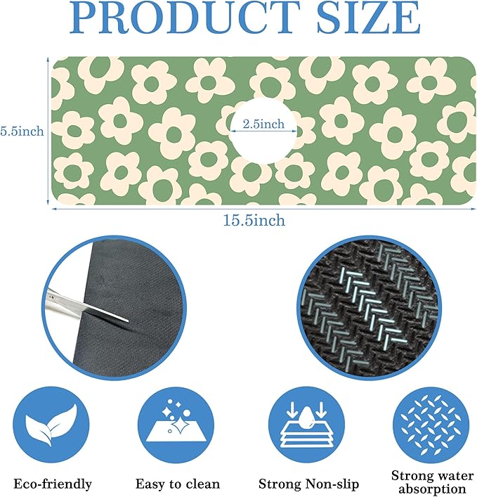 Faucet Mat Splash Guard Groovy Flower Silhouette, Soft Diatom Mud Material, Strong Water Absorption, Non-slip,Easy to Clean for Bathroom, Kitchen 15"X5.5"