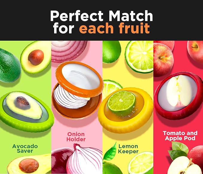 Avocado Saver Storage Containers - 4-Pack BPA-Free Silicone Lids - Reusable Fresh Pods for Avocado, Onion, Tomato & Halved Produce