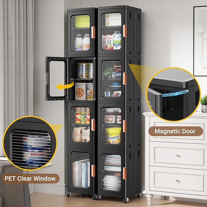 BROVIEW 1-Tier Tall Narrow Storage Cabinet Organizer, Slim Bathroom Cabinets with Adjustable Shelves and Door, Plastic Kitchen Pantry Organizers and Storages for Small Space, Laundry, Black