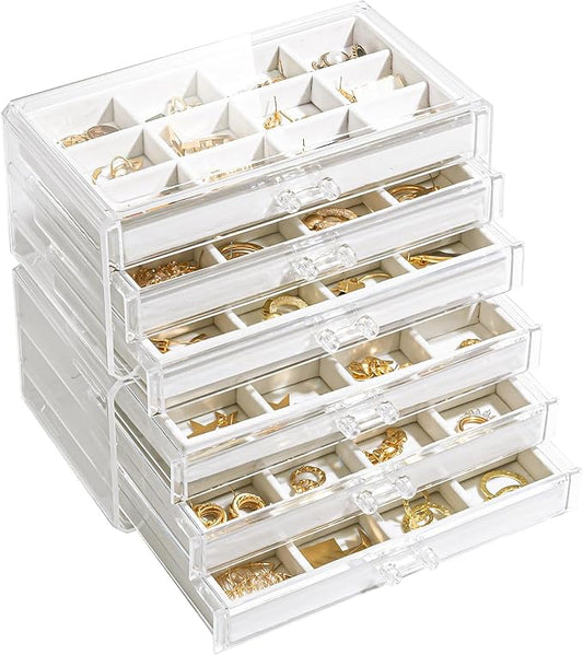 Lolalet Earring Holder Organizer Box Jewelry Storage with 6 Drawers, Clear Acrylic Stackable Earring Case with Adjustable Velvet Trays for Women on Dresser Vanity -Warmwhite, 6 Layers