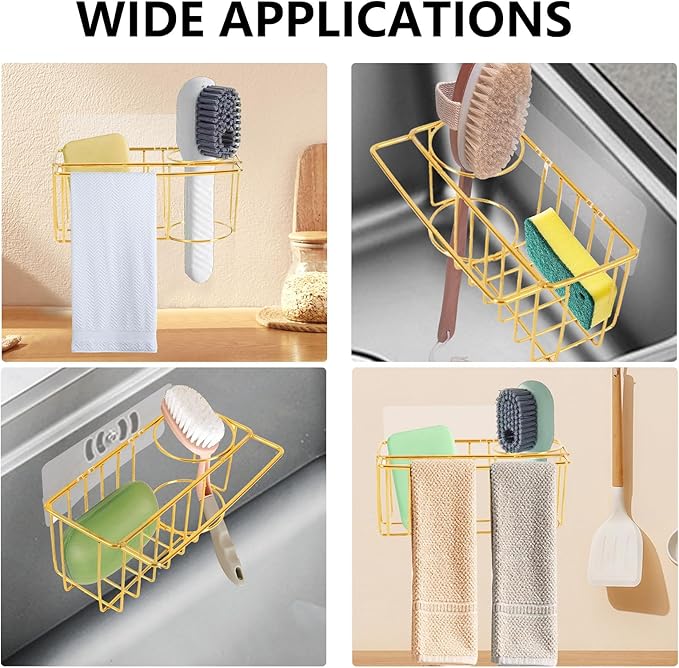 3-in-1 Adhesive Sink Caddy Kitchen Sink Organizer,Stainless Steel Sponge and Brush Holder for Kitchen Sink,Suitable for Sponges,Dish Cloth,Scrubbers, Soap, Kitchen, Bathroom.Gold