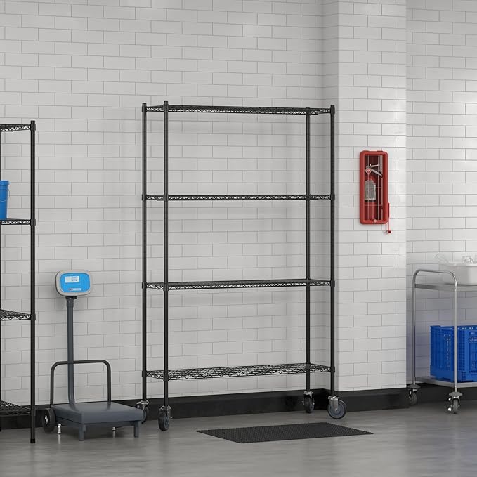 Commercial NSF Listed Black Epoxy Mobile Wire Shelving Kit 14" x 48" x 80", with 4 Shelves Perfect for Warehouse, Walk-in Refrigerator, Freezer, Grocery Store, Restaurant, Dishroom