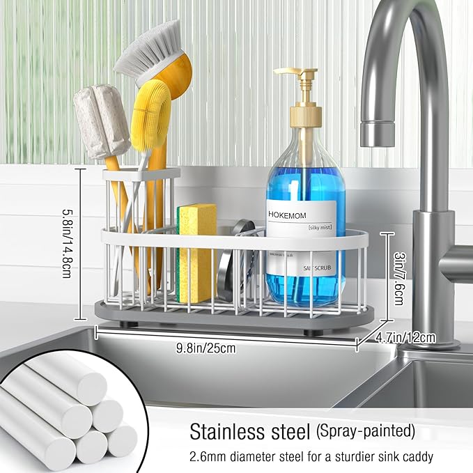 LARGE Kitchen Sink Caddy Organizer,[FLEXIBLE PLACEMENT & FAST-DRYING] Sponge Holder for Kitchen Sink Countertop with High Brush Holder-Rustproof 304 Stainless Steel-9.84"L x 4.72"W x 5.83"H
