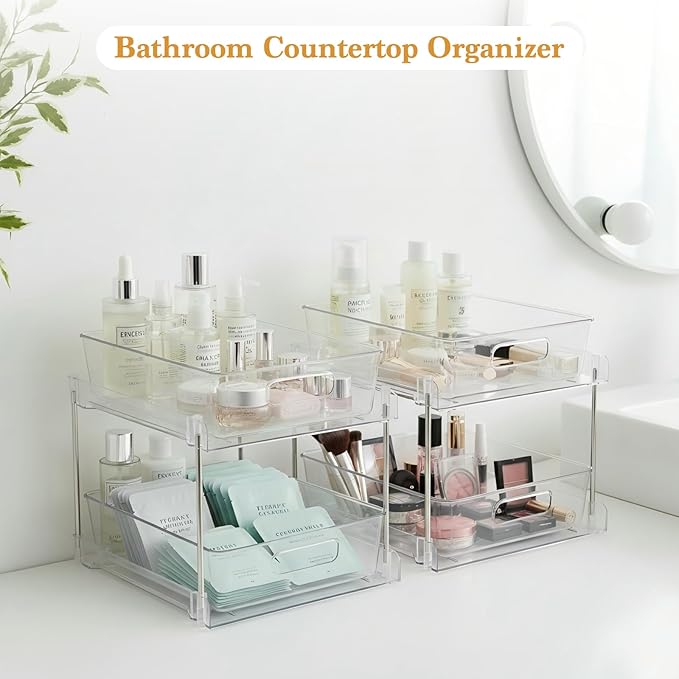 1 Pack 2-Tier Bathroom Organizers and Storage, Clear Under Sink Organizer Vanity Countertop Storage Pantry Organizers, Pull-Out Cabinet Organizer With Track For Bathroom, Kitchen, Pantry