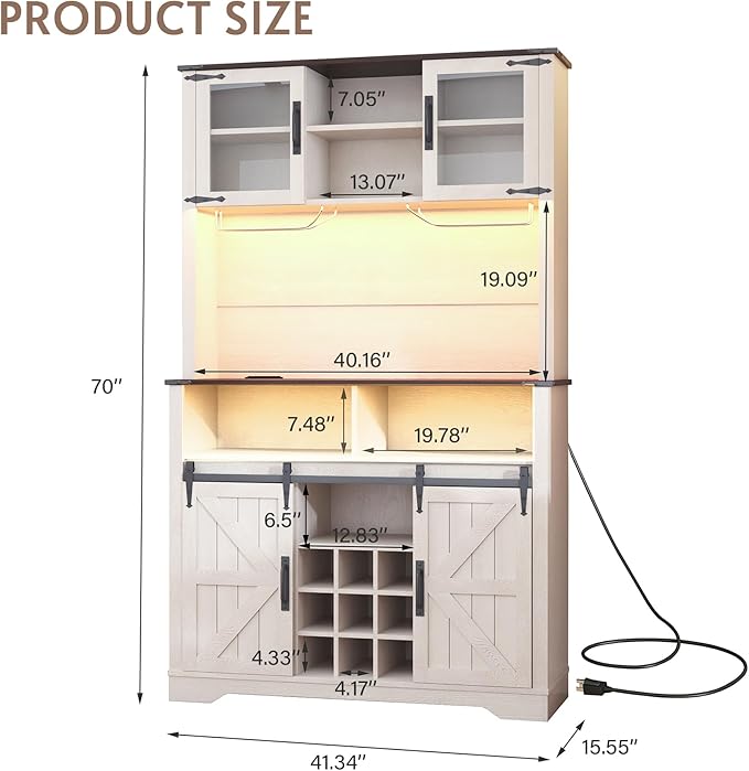 Farmhouse Coffee Bar Cabinet with Sliding Barn Door, 70" Tall Kitchen Hutch China Cabinet w/Wine Rack, Power Outlet & Lighting, Liquor bar Station Food Pantry Storage Cabinet for Home, White