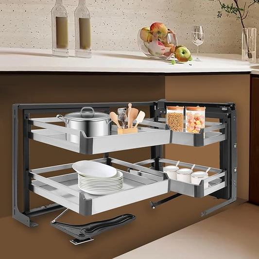 2 Tier Blind Corner Cabinet,Pull Out Organizer, Swivel Corner Cabinet,w/4 Adjusted Height Basket,115° Opening Angle,Stainless Steel