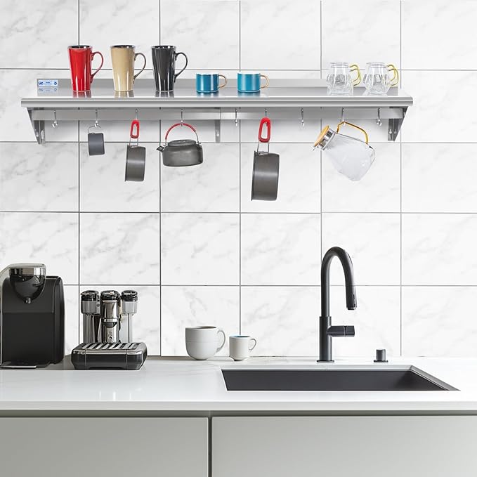 Hally Stainless Steel Shelf with 8 Hooks 14" x 72" Wall Mounted Pot Rack 400lb, NSF Commercial Floating Shelving for Storage Hanging Pots, Pans, cookware in Restaurant, Kitchen, Home and Hotel