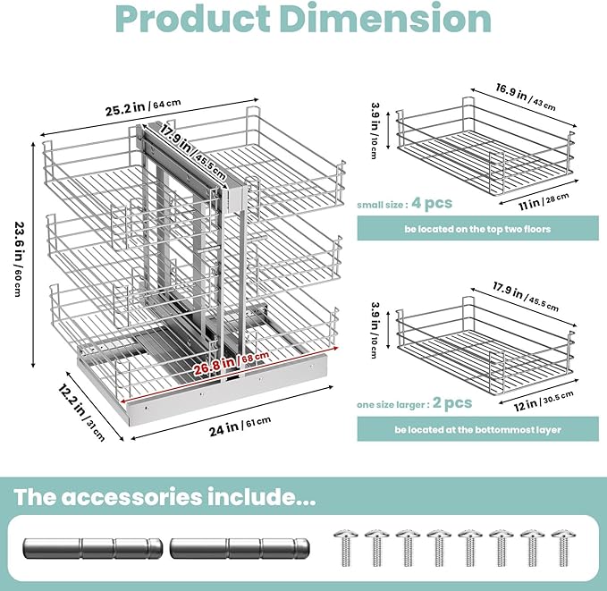 Blind Corner Cabinet Pull Out w 25.2" d 17.9" h23.6, Min Opening 13" Cabinet Pull Out Shelves, 3 Tier 6 Shelf Magic Corner Corners Cabinets Kitchen Use