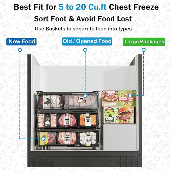 DOUBFIVSY Freezer Organizer Bins, 2 Pack Expandable Stackable Chest Deep Freezer Organizer Bins, Foldable Freezer Baskets with Handles, Freezer Storage Bins for 5 - 20 Cu.Ft Deep Freezer, Black