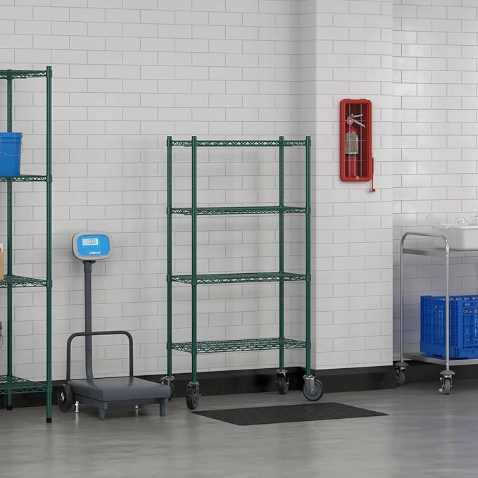 Commercial NSF Listed Green Epoxy Mobile Wire Shelving Kit 14" x 30" x 60", with 4 Shelves Perfect for Warehouse, Walk-in Refrigerator, Freezer, Grocery Store, Restaurant, Dishroom