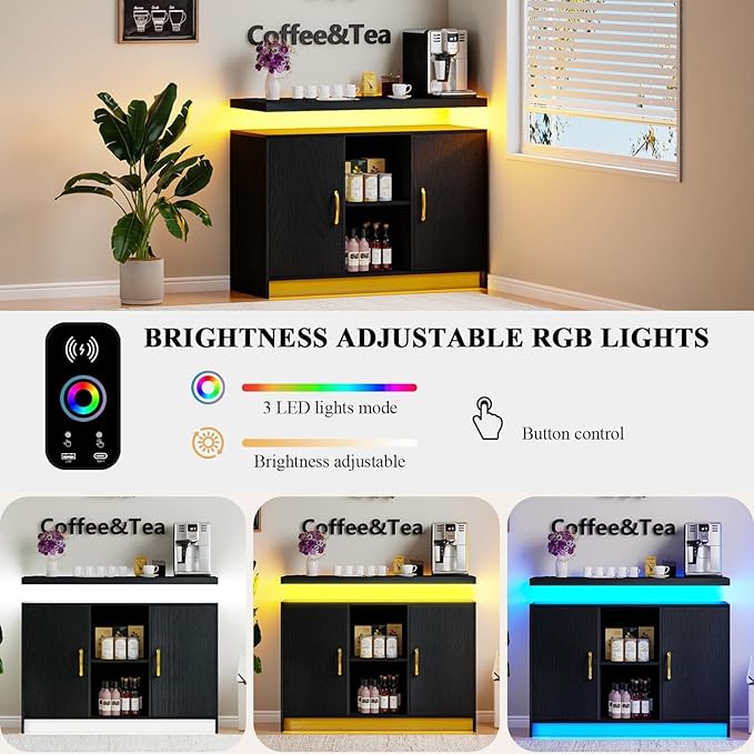 4 EVER WINNER Coffee Bar Cabinet with LED, Sideboard Buffet Cabinet with Storage, Coffee Station Cabinet with Charging Station, Black Coffee Bar for Kitchen, Dining Room